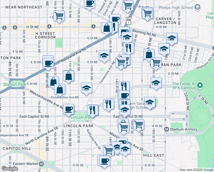 map of restaurants, bars, coffee shops, grocery stores, and more near 1355 C Street Northeast in Washington