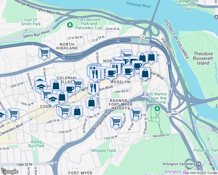 map of restaurants, bars, coffee shops, grocery stores, and more near 101 Independence Avenue Southeast in Washington