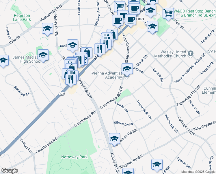 map of restaurants, bars, coffee shops, grocery stores, and more near 401 Johnson Street Southwest in Vienna
