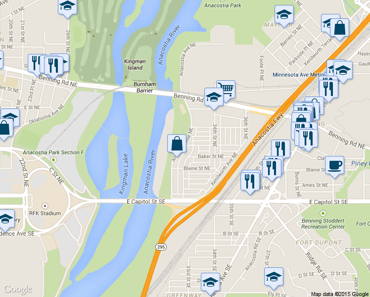 map of restaurants, bars, coffee shops, grocery stores, and more near 255 Anacostia Avenue Northeast in Washington