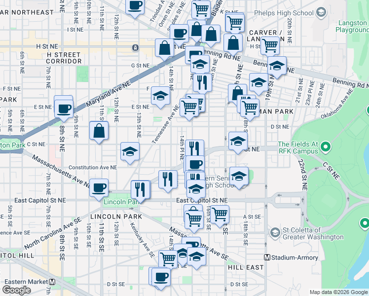 map of restaurants, bars, coffee shops, grocery stores, and more near 101 Independence Avenue Southeast in Washington