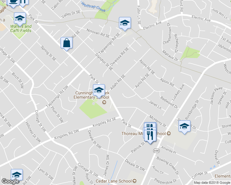 map of restaurants, bars, coffee shops, grocery stores, and more near 1004 Park Street in Vienna