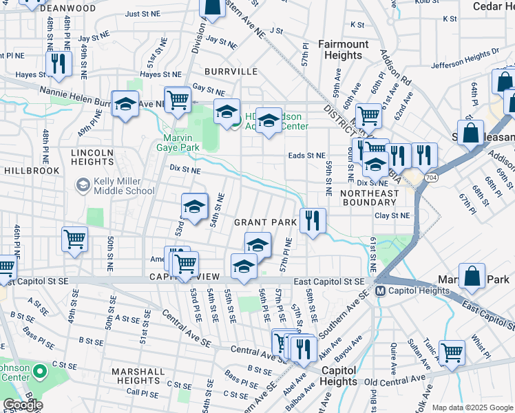 map of restaurants, bars, coffee shops, grocery stores, and more near 307 56th Street Northeast in Washington