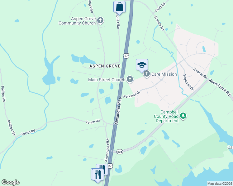 map of restaurants, bars, coffee shops, grocery stores, and more near 11093-11179 Alexandria Pike in Alexandria