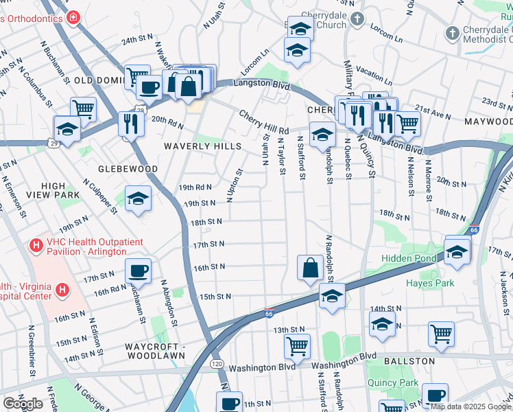 map of restaurants, bars, coffee shops, grocery stores, and more near 4402 19th Street North in Arlington