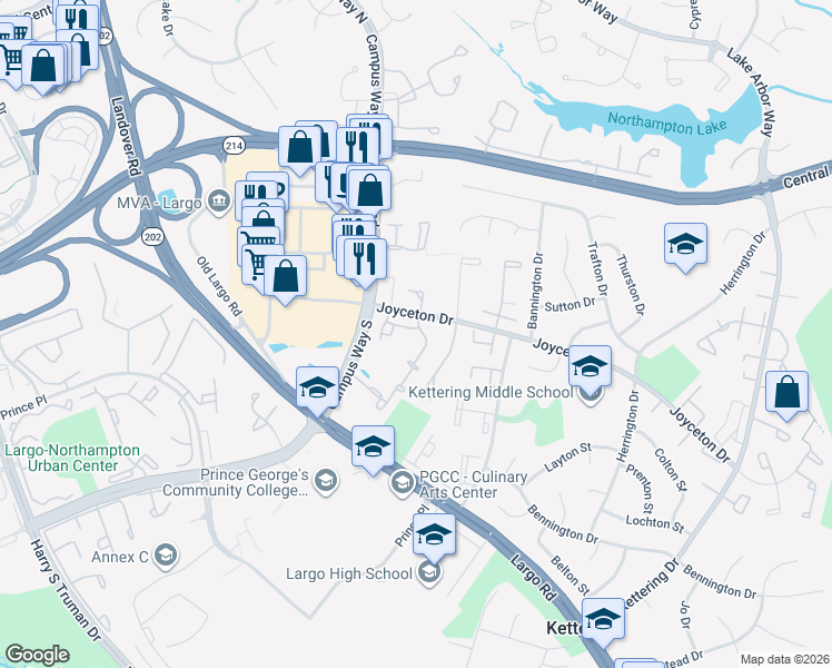map of restaurants, bars, coffee shops, grocery stores, and more near 10623 Joyceton Drive in Upper Marlboro