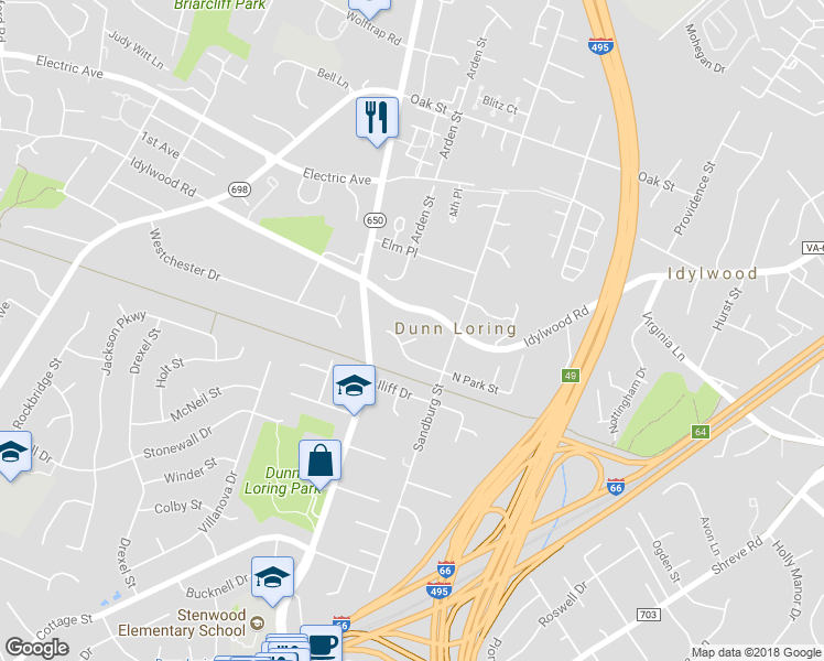 map of restaurants, bars, coffee shops, grocery stores, and more near 2404 North Park Court in Dunn Loring