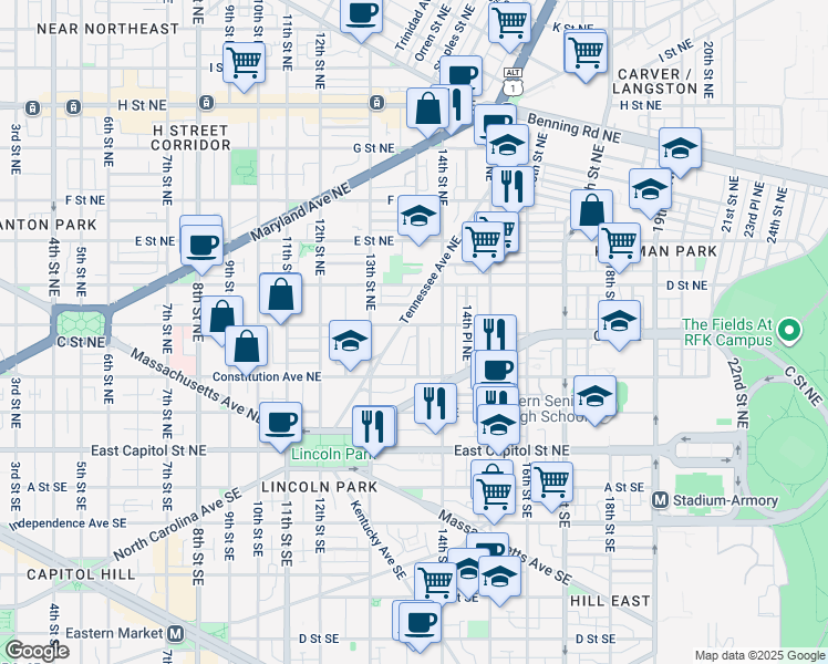 map of restaurants, bars, coffee shops, grocery stores, and more near 1337 C Street Northeast in Washington