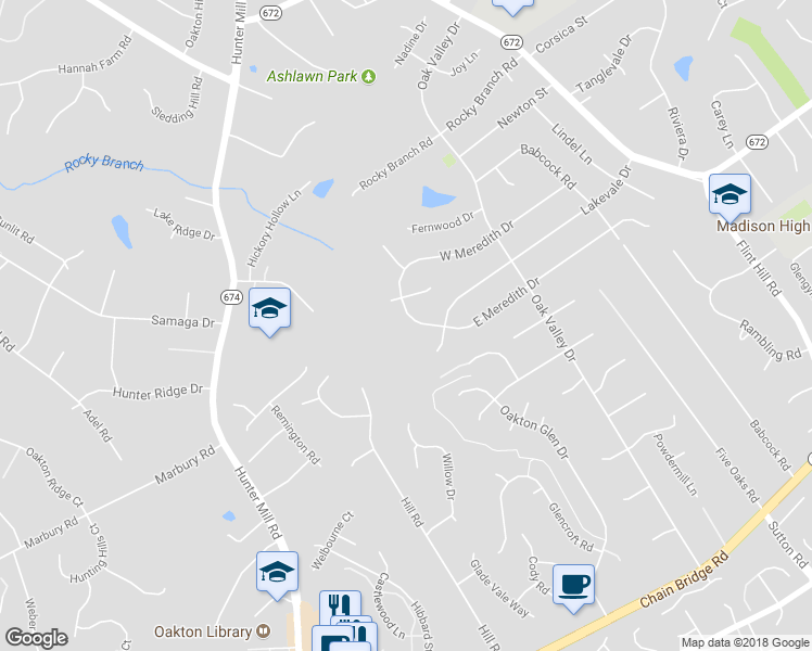 map of restaurants, bars, coffee shops, grocery stores, and more near 2627 East Meredith Drive in Vienna