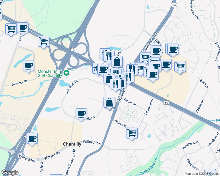 map of restaurants, bars, coffee shops, grocery stores, and more near 14016 Sullyfield Circle in Chantilly