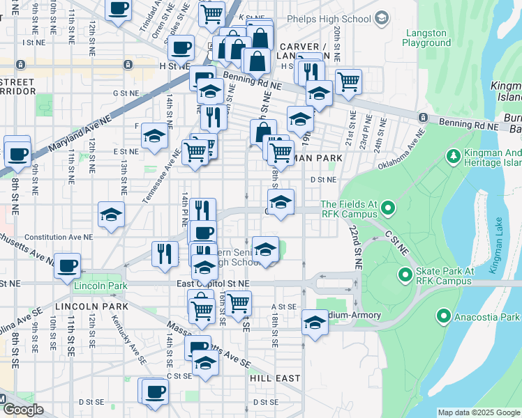 map of restaurants, bars, coffee shops, grocery stores, and more near 300 17th Place Northeast in Washington