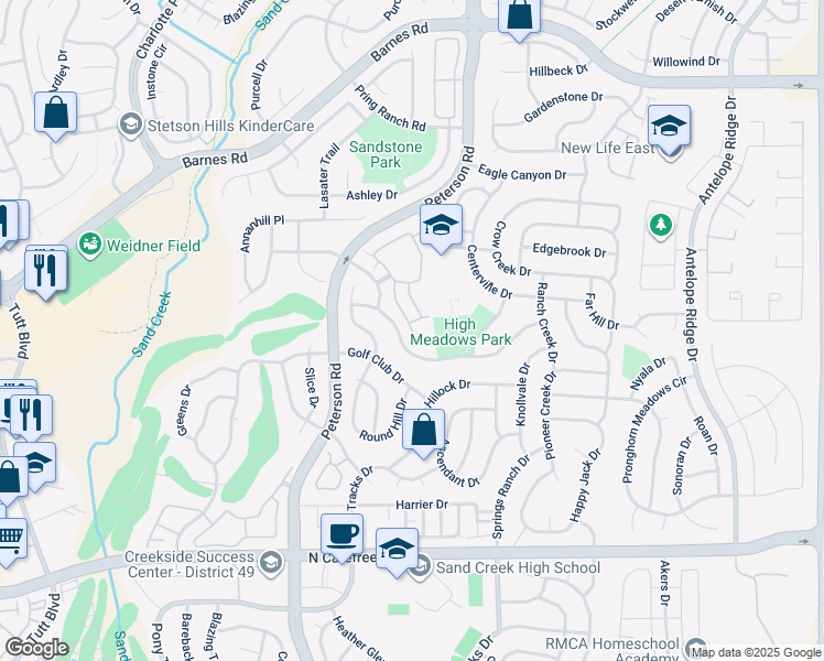 map of restaurants, bars, coffee shops, grocery stores, and more near 4277 Alder Springs View in Colorado Springs