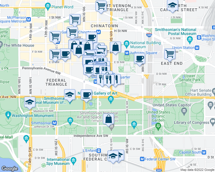 map of restaurants, bars, coffee shops, grocery stores, and more near 101 Independence Avenue Southeast in Washington