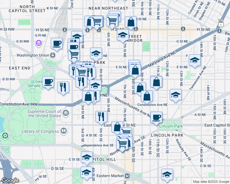 map of restaurants, bars, coffee shops, grocery stores, and more near 619 C Street Northeast in Washington
