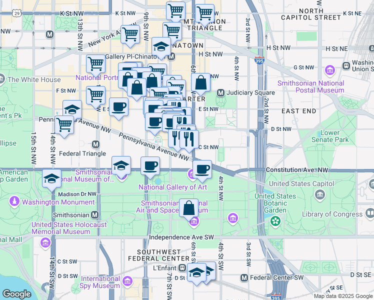 map of restaurants, bars, coffee shops, grocery stores, and more near 601 Pennsylvania Avenue Northwest in Washington