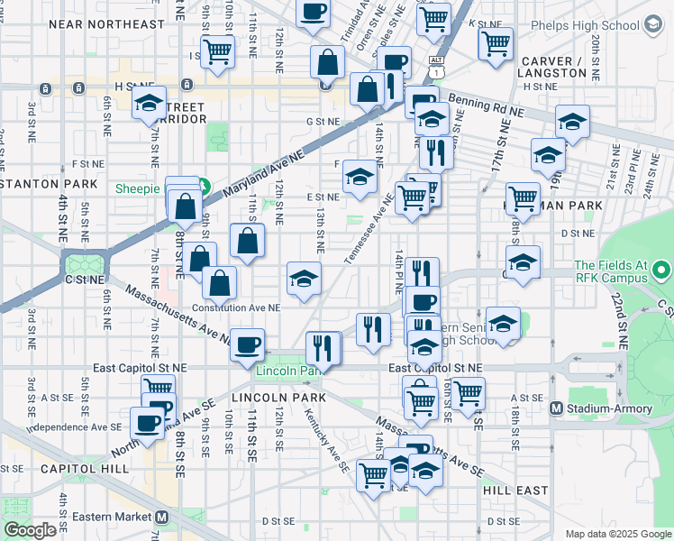 map of restaurants, bars, coffee shops, grocery stores, and more near 101 Independence Avenue Southeast in Washington