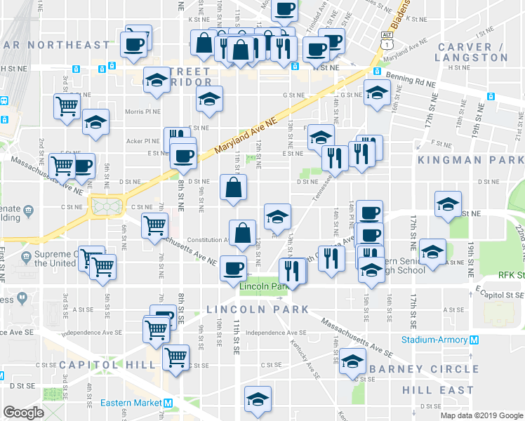 map of restaurants, bars, coffee shops, grocery stores, and more near 101 Independence Avenue Southeast in Washington