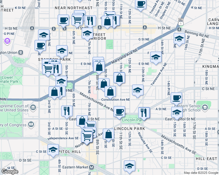 map of restaurants, bars, coffee shops, grocery stores, and more near 101 Independence Avenue Southeast in Washington