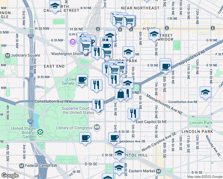 map of restaurants, bars, coffee shops, grocery stores, and more near 101 Independence Avenue Southeast in Washington