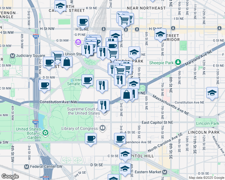 map of restaurants, bars, coffee shops, grocery stores, and more near 101 Independence Avenue Southeast in Washington
