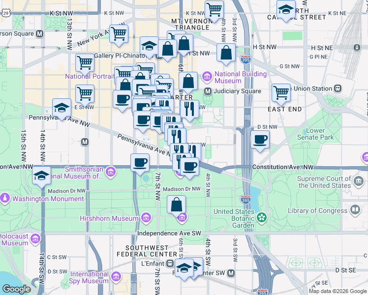 map of restaurants, bars, coffee shops, grocery stores, and more near 101 Independence Avenue Southeast in Washington