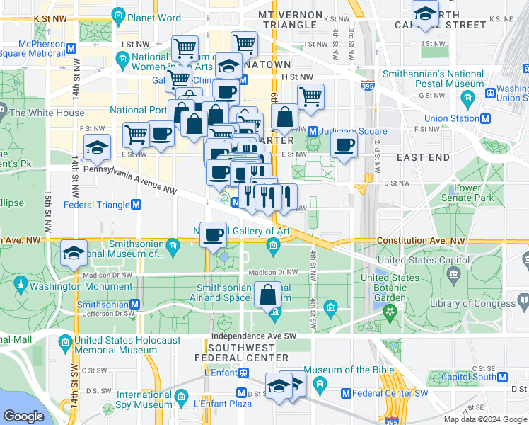 map of restaurants, bars, coffee shops, grocery stores, and more near 101 Independence Avenue Southeast in Washington