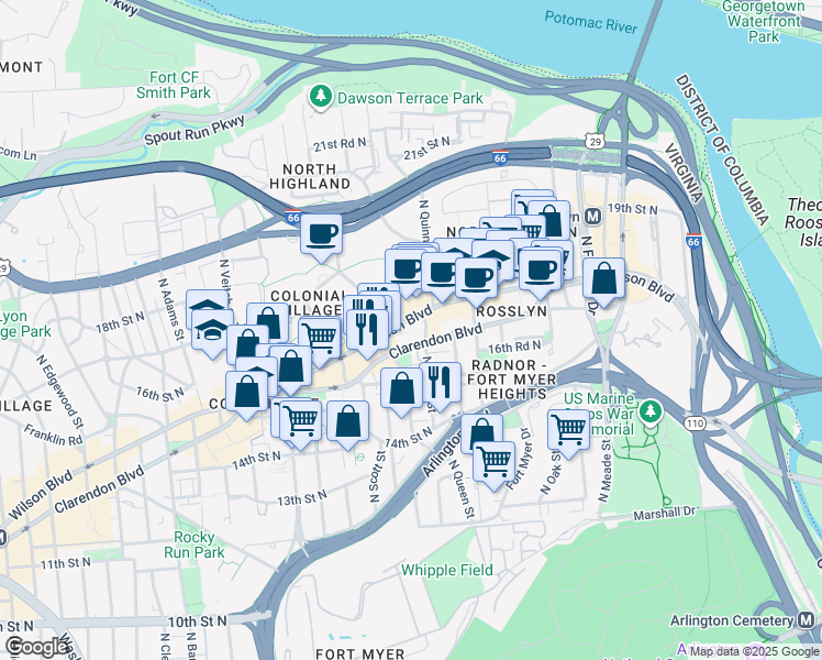 map of restaurants, bars, coffee shops, grocery stores, and more near 101 Independence Avenue Southeast in Washington