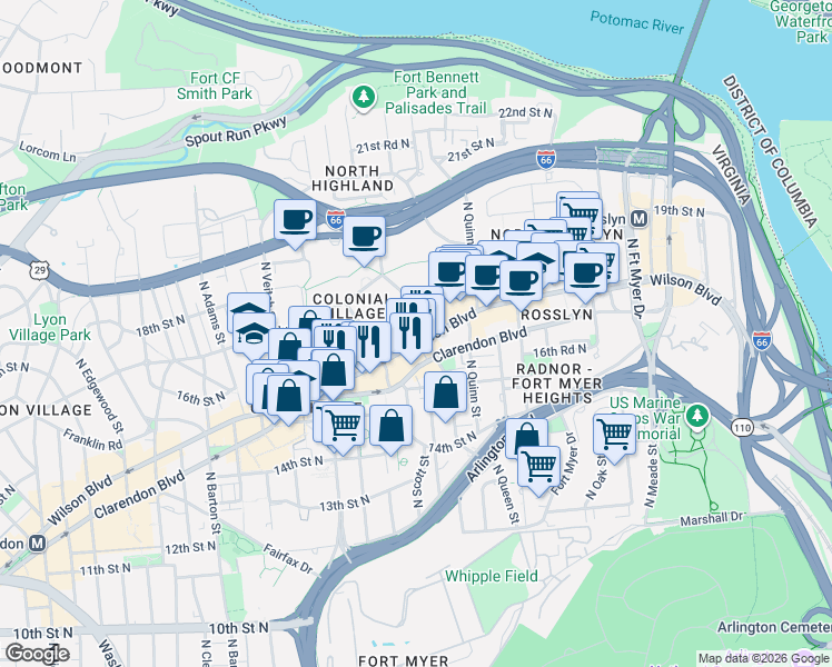 map of restaurants, bars, coffee shops, grocery stores, and more near 101 Independence Avenue Southeast in Washington
