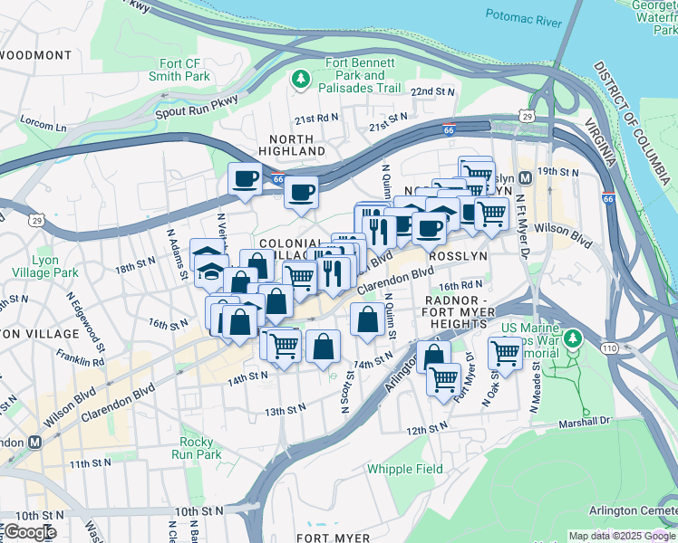 map of restaurants, bars, coffee shops, grocery stores, and more near 101 Independence Avenue Southeast in Washington