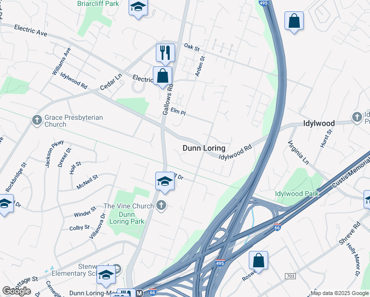 map of restaurants, bars, coffee shops, grocery stores, and more near 2404 North Park Court in Dunn Loring