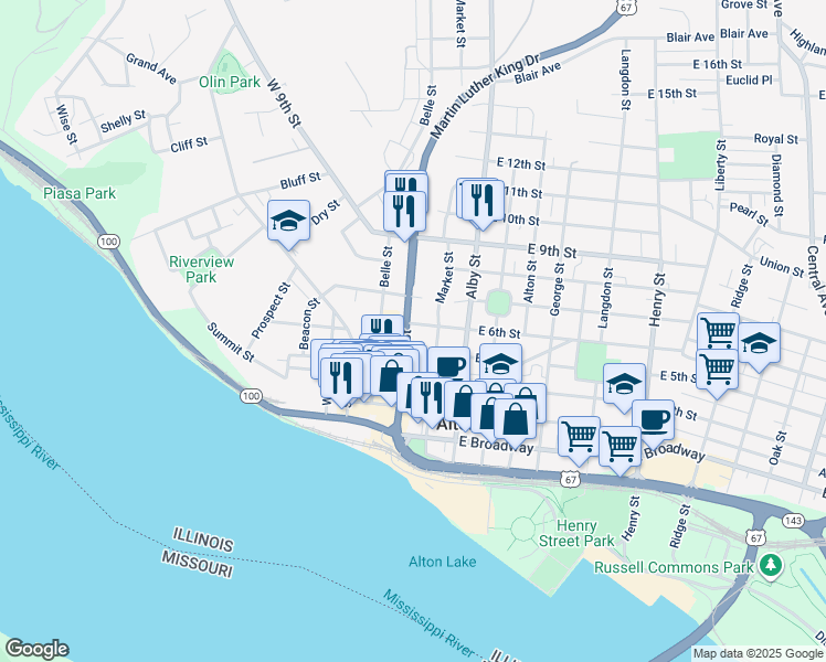 map of restaurants, bars, coffee shops, grocery stores, and more near 575 Piasa Street in Alton