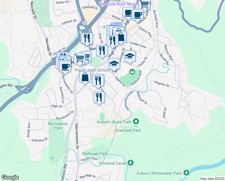 map of restaurants, bars, coffee shops, grocery stores, and more near 182 College Way in Auburn
