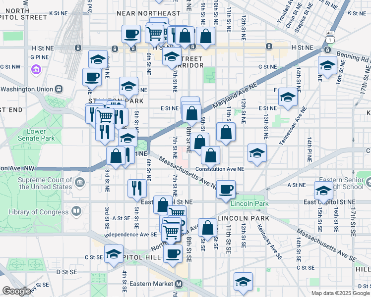 map of restaurants, bars, coffee shops, grocery stores, and more near 280 8th Street Northeast in Washington