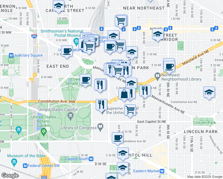 map of restaurants, bars, coffee shops, grocery stores, and more near 207 C Street Northeast in Washington