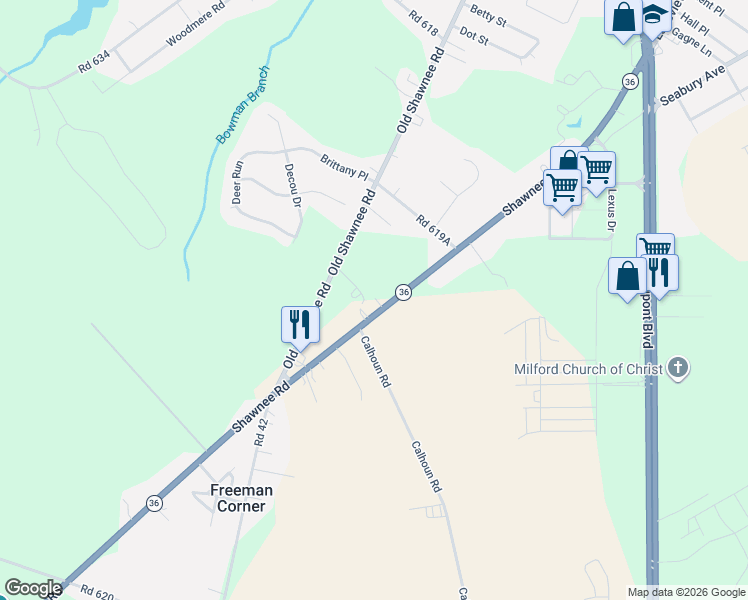 map of restaurants, bars, coffee shops, grocery stores, and more near 6880 Delaware 36 in Milford