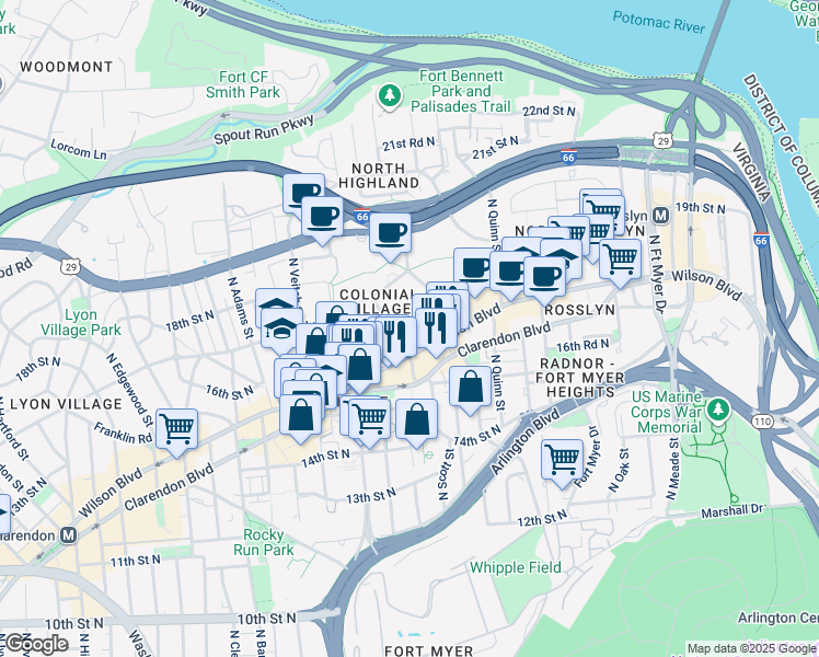 map of restaurants, bars, coffee shops, grocery stores, and more near 1719 North Troy Street in Arlington