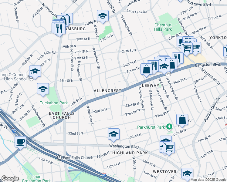 map of restaurants, bars, coffee shops, grocery stores, and more near 6127 Lee Highway in Arlington