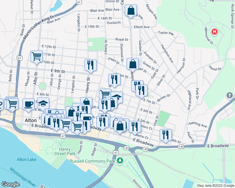 map of restaurants, bars, coffee shops, grocery stores, and more near 819 East 7th Street in Alton