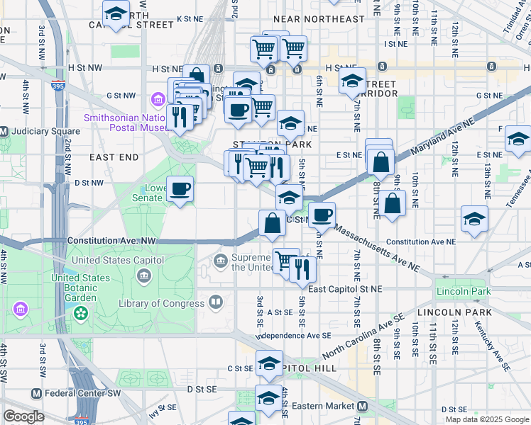 map of restaurants, bars, coffee shops, grocery stores, and more near 305 C Street Northeast in Washington