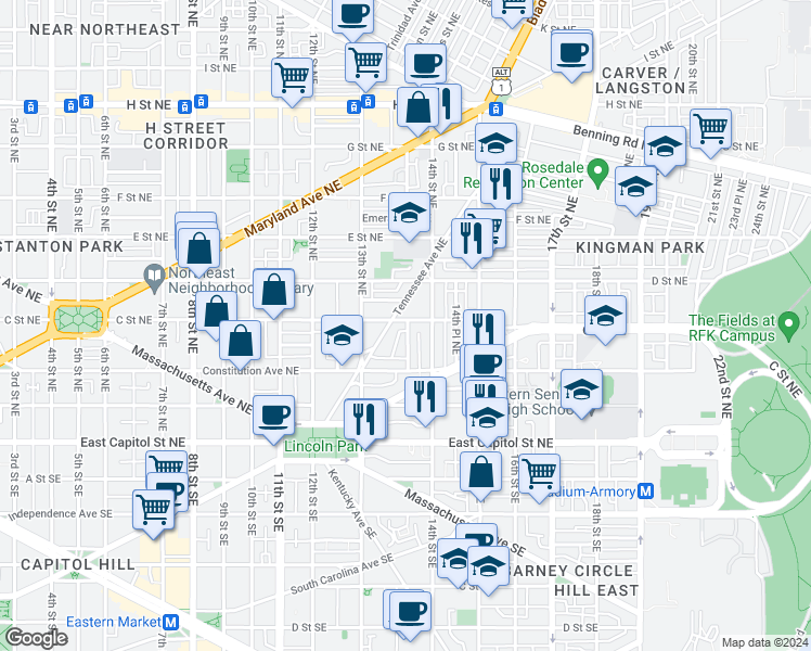 map of restaurants, bars, coffee shops, grocery stores, and more near 1337 C Street Northeast in Washington