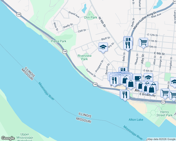 map of restaurants, bars, coffee shops, grocery stores, and more near 618 Summit Street in Alton