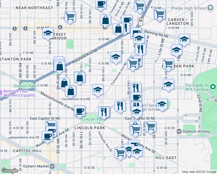 map of restaurants, bars, coffee shops, grocery stores, and more near 101 Independence Avenue Southeast in Washington