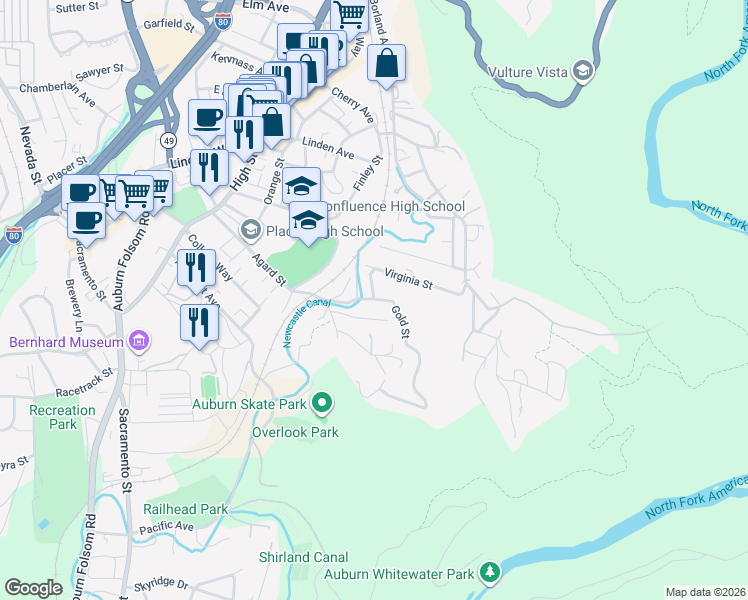 map of restaurants, bars, coffee shops, grocery stores, and more near Gold Street & Virginia Street in Auburn