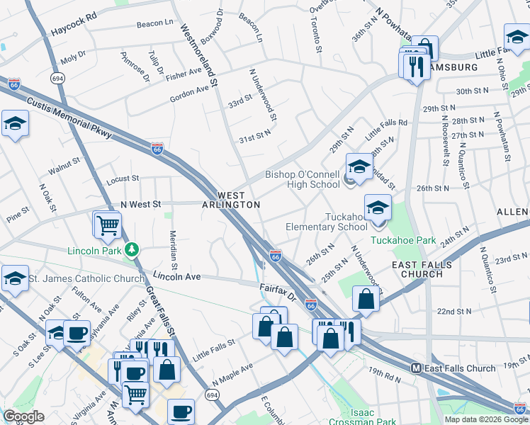 map of restaurants, bars, coffee shops, grocery stores, and more near 2811 North Westmoreland Street in Arlington