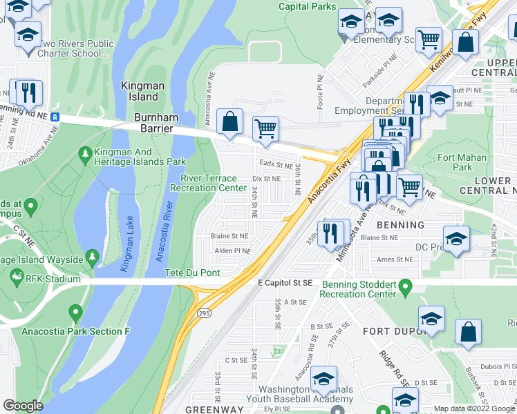 map of restaurants, bars, coffee shops, grocery stores, and more near 249 34th Street Northeast in Washington