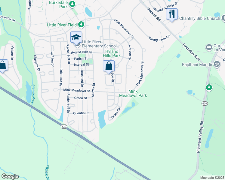 map of restaurants, bars, coffee shops, grocery stores, and more near 43548 Mink Meadows Street in Chantilly