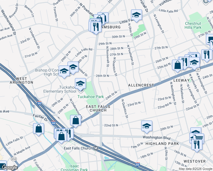 map of restaurants, bars, coffee shops, grocery stores, and more near 2431 North Roosevelt Street in Arlington