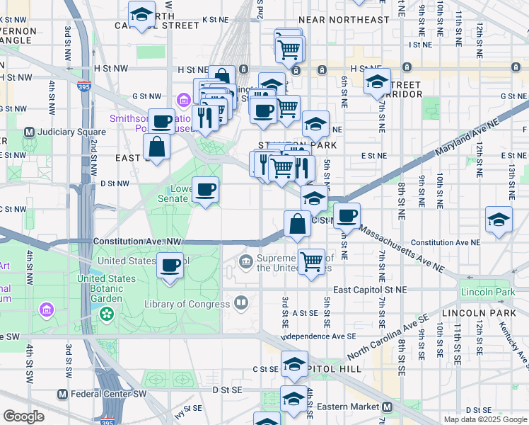 map of restaurants, bars, coffee shops, grocery stores, and more near 245 2nd Street Northeast in Washington