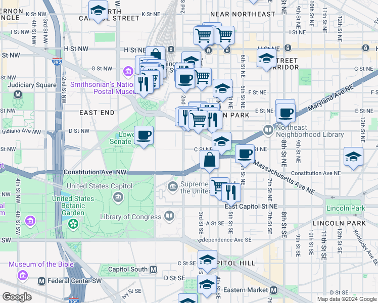 map of restaurants, bars, coffee shops, grocery stores, and more near 209 C Street Northeast in Washington