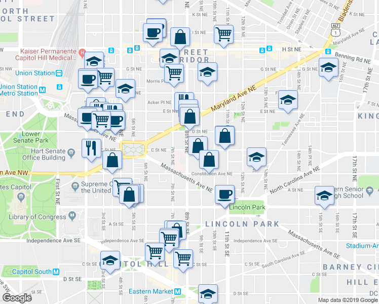 map of restaurants, bars, coffee shops, grocery stores, and more near 249 8th Street Northeast in Washington